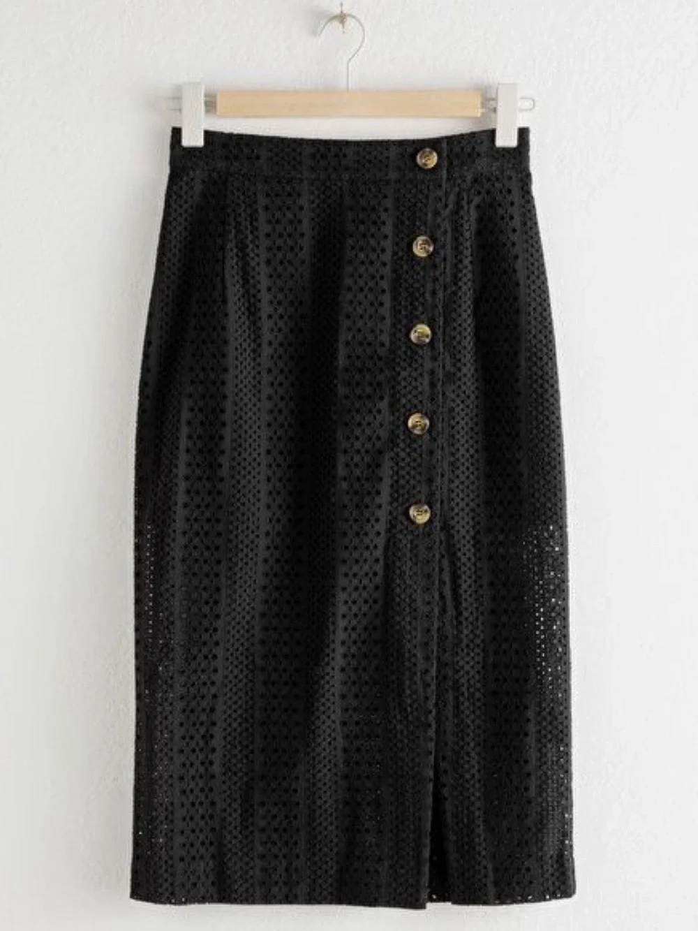& Other Stories Leilani Black Eyelet Button-Front Midi Skirt Size 6 NWT